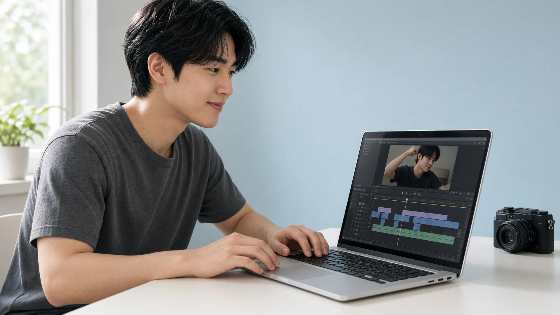 촬영한 영상을 편집하는 크리에이터 — AI 캠페인 이미지